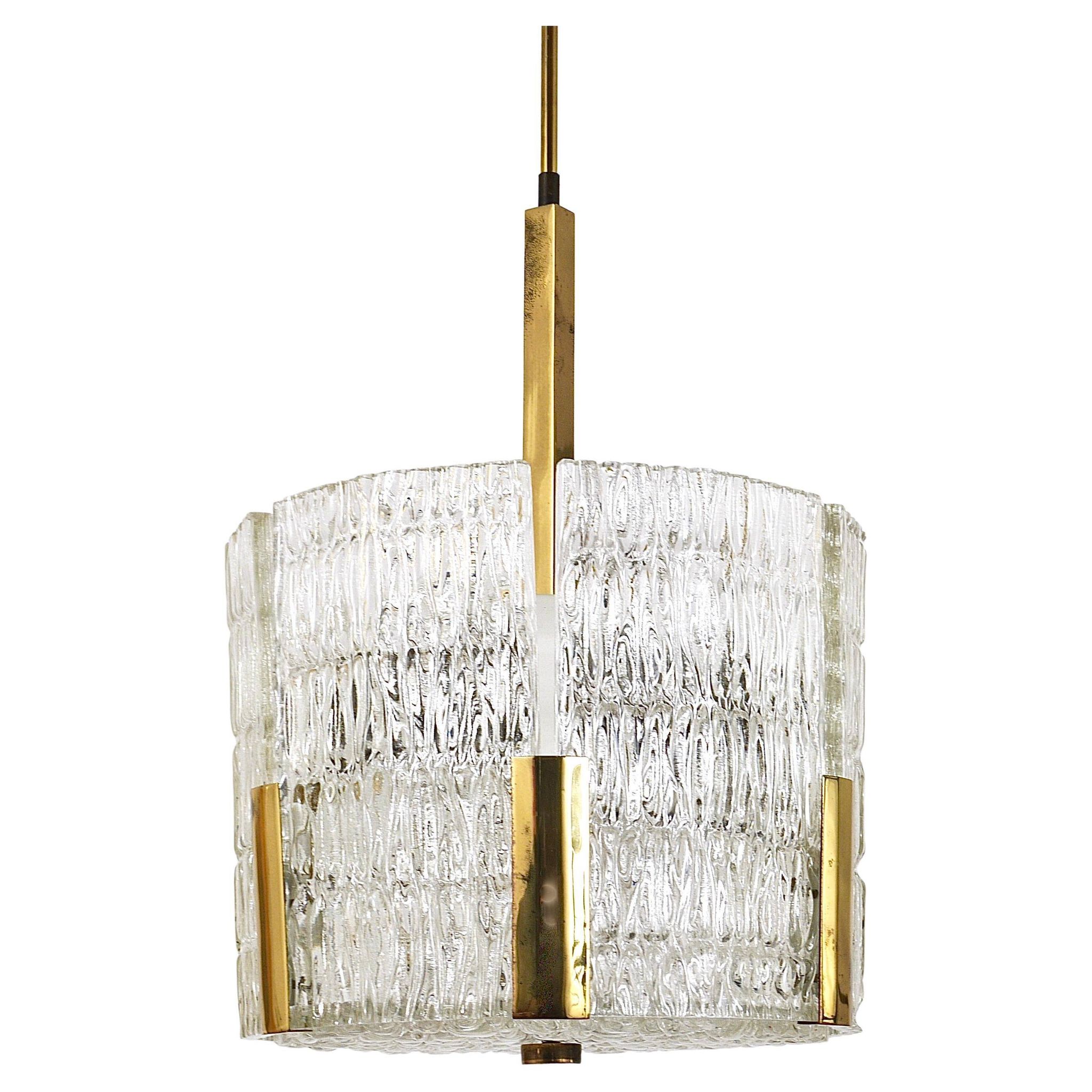 Kalmar Suspension Tambour Drum, Brass, Frosted Textured Glass, Austria, 1960s