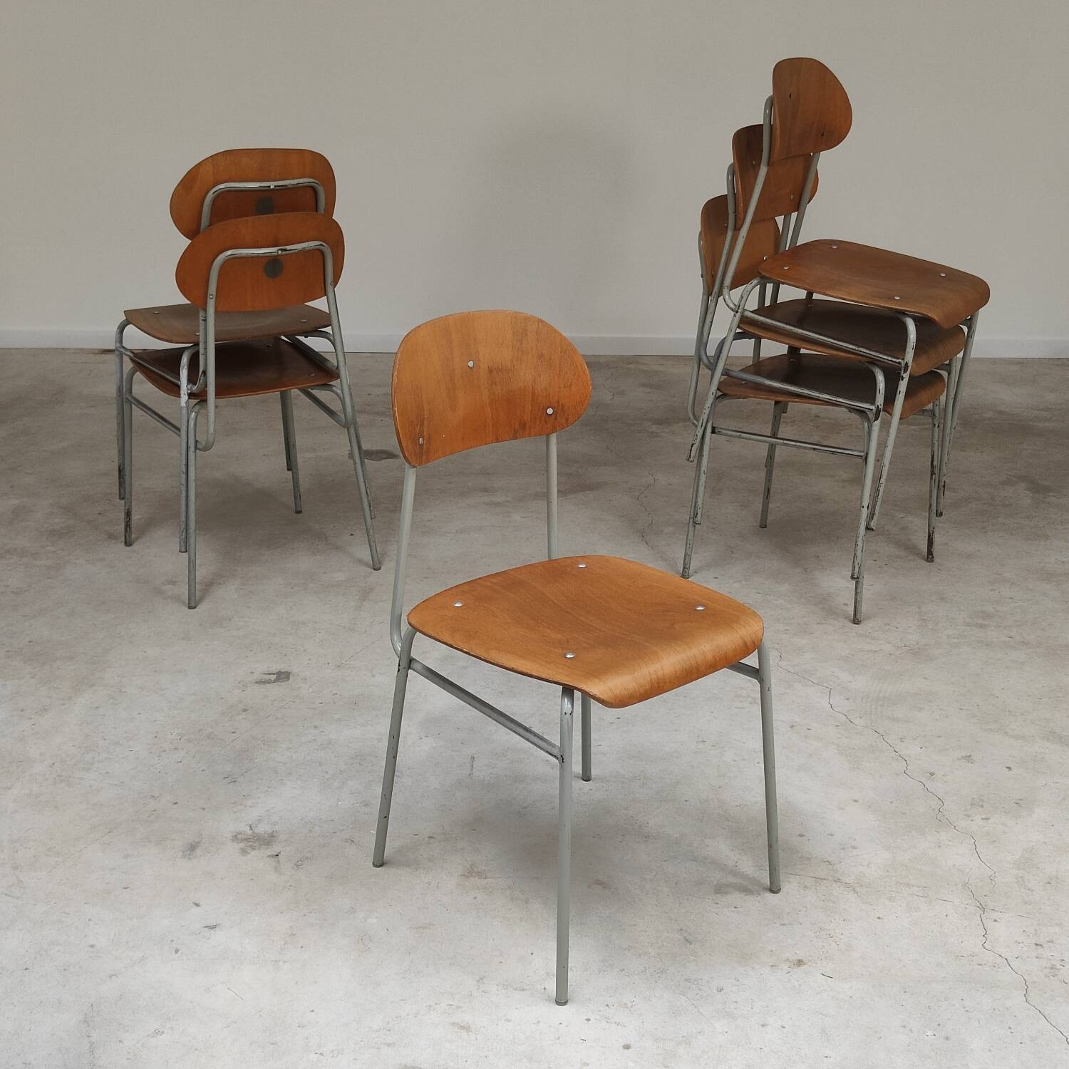 Set of 8 industrial style school chairs, Czechoslovakia 1950