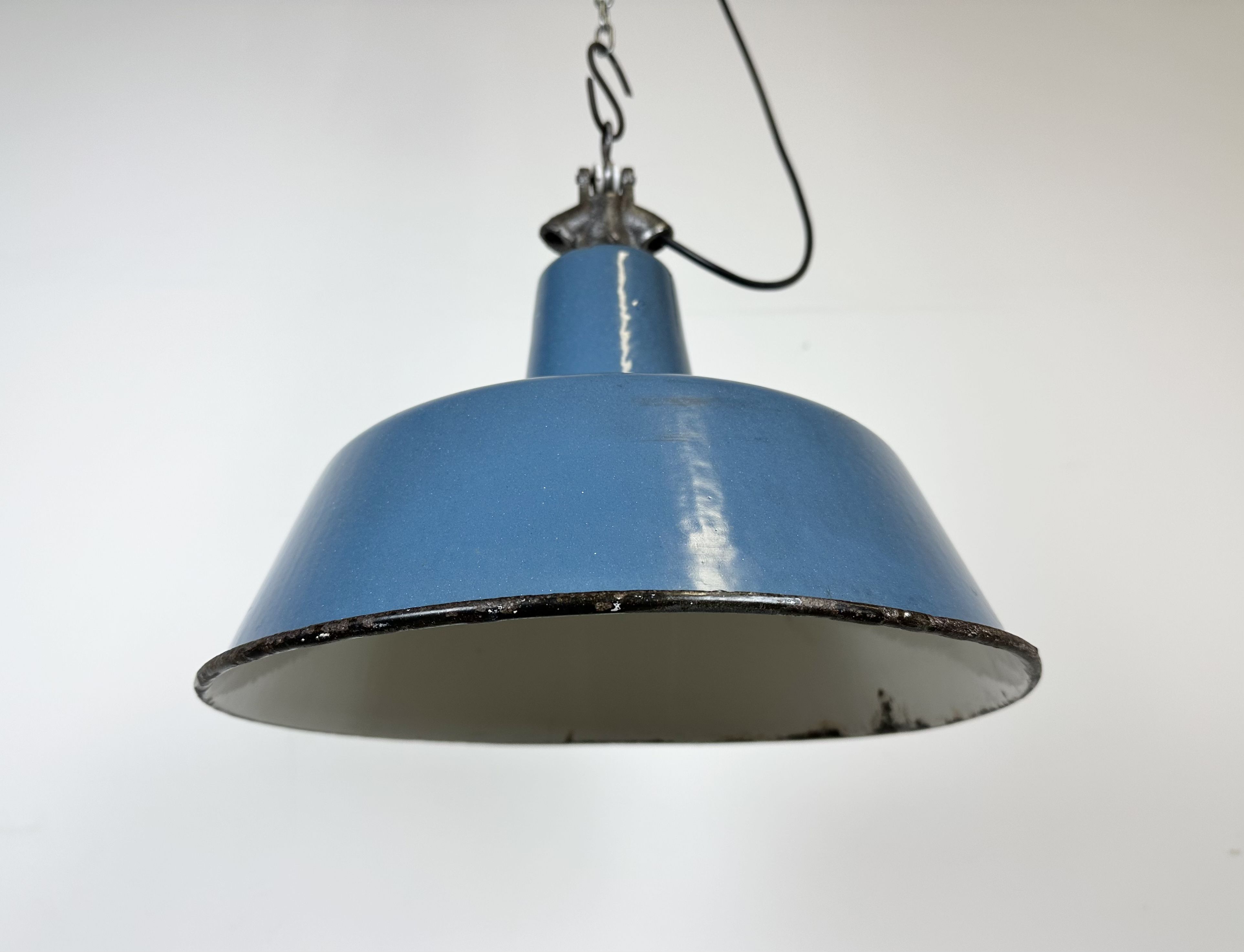 Industrial Blue Enamel Factory Lamp with Cast Iron Top, 1960s