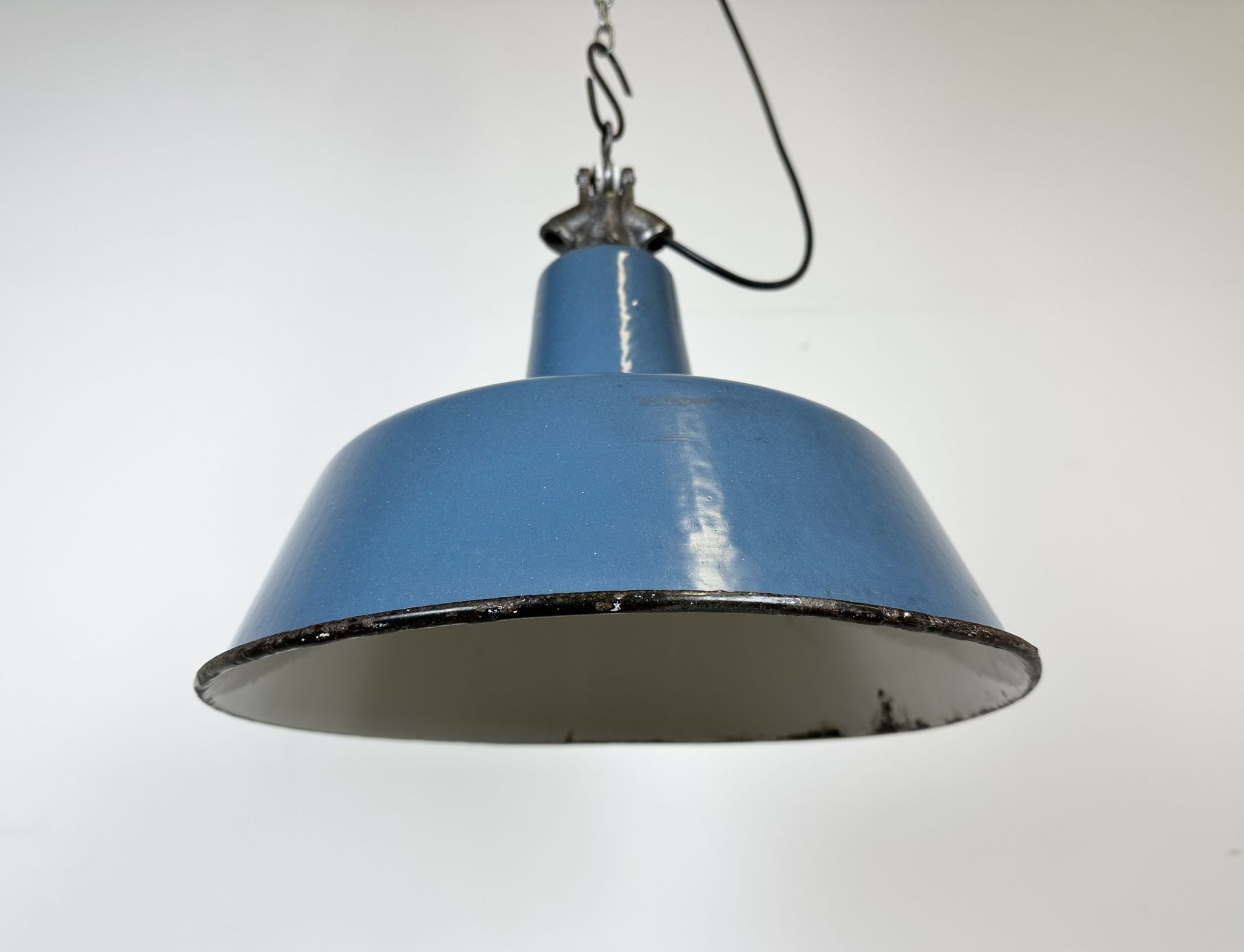 Industrial Blue Enamel Factory Lamp with Cast Iron Top, 1960s