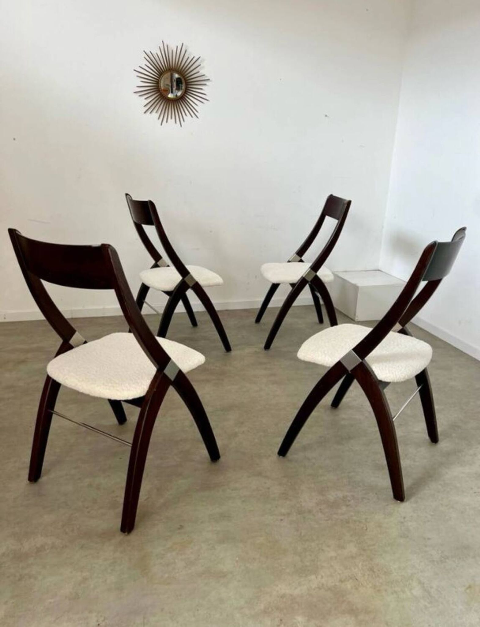 Set of 4 vintage 70s Italian design wooden and terry chairs