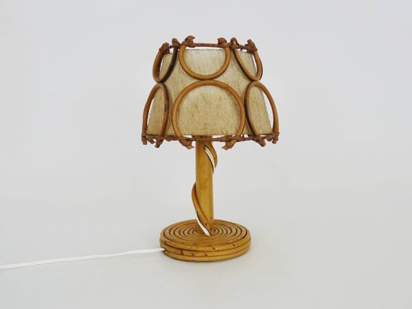 Lampe de chevet, lampe de table en rotin, bambou Louis Sognot. Années 50