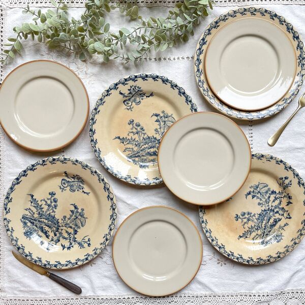 4 assiettes terre de fer gien chardon + 4 petites assiettes dépareillées grès tulowice