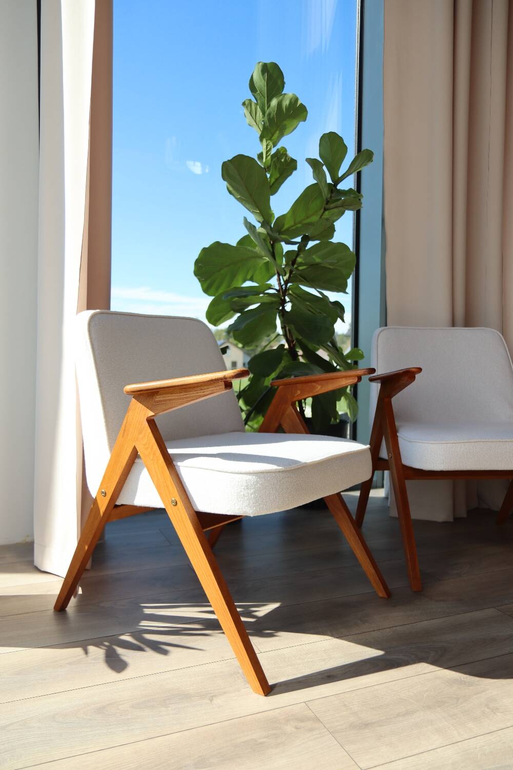 Vintage armchair white curly natural wood boho design by Chierowski 1970