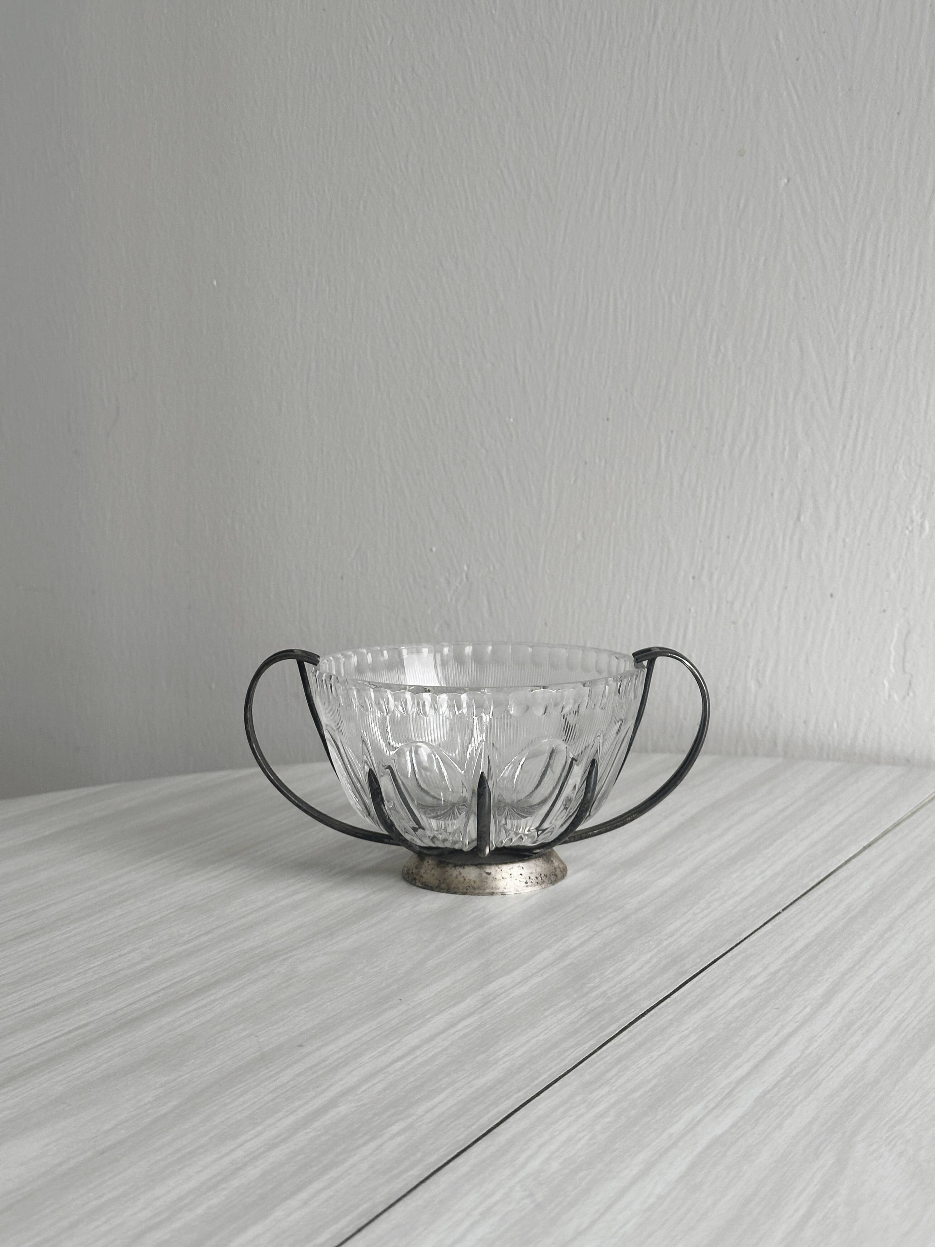 Vintage glass and silver metal sugar bowl