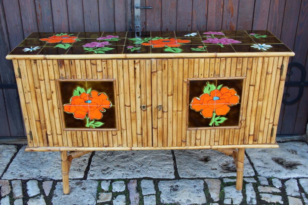 Vintage bamboo and rattan sideboard in the style of Audoux Minet.