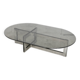 Coffee table with steel base and smoked glass slab. Circa 197