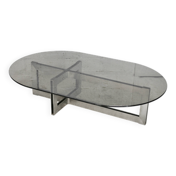 Coffee table with steel base and smoked glass slab. Circa 197