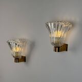 Pair of Archimede Seguso “Bullicante” Murano Glass Wall Sconces, 1940s
