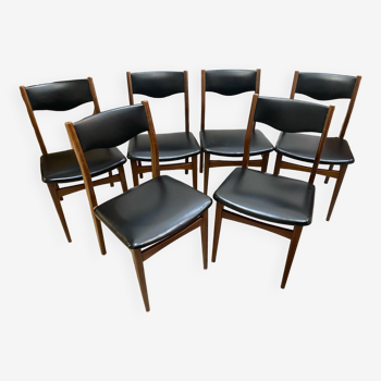 Set of 6 Scandinavian Skaï and teak wood chairs