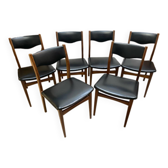 Set of 6 Scandinavian Skaï and teak wood chairs