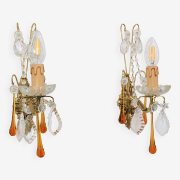 Pair of Louis XV style wall lights in gilded bronze & crystal