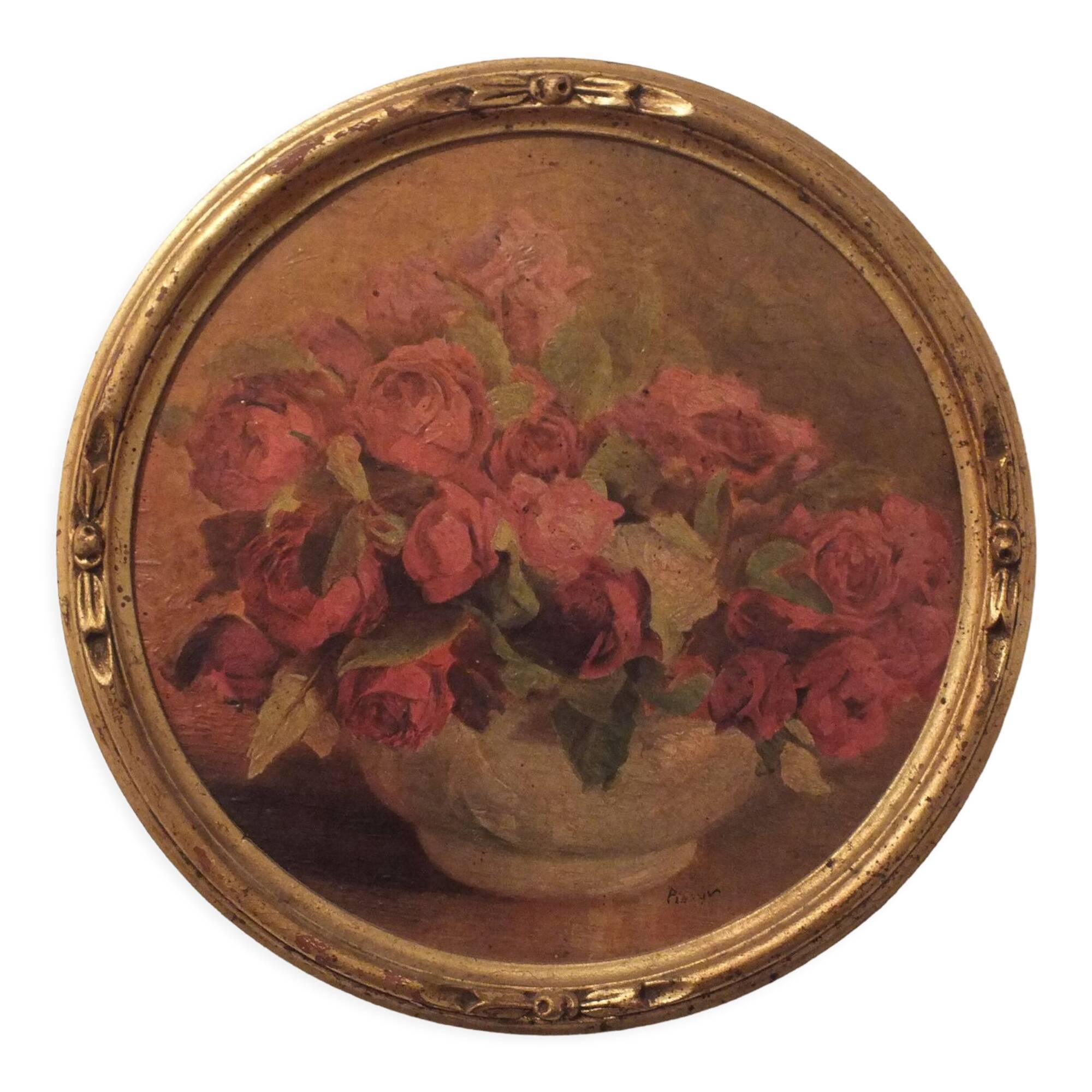 Old small painting framed and signed reproduction with a bouquet of roses