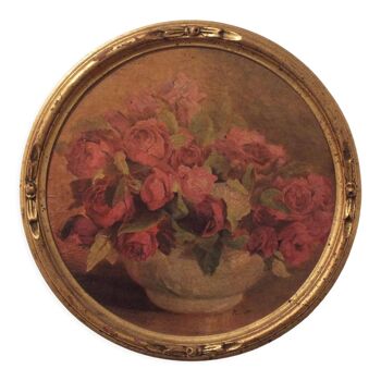 Ancien petit tableau reproduction encadrée et signée au bouquet de roses