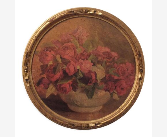Ancien petit tableau reproduction encadrée et signée au bouquet de roses