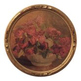 Old small painting framed and signed reproduction with a bouquet of roses