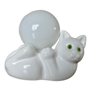 Lampe  chat  en céramique - opaline blanche