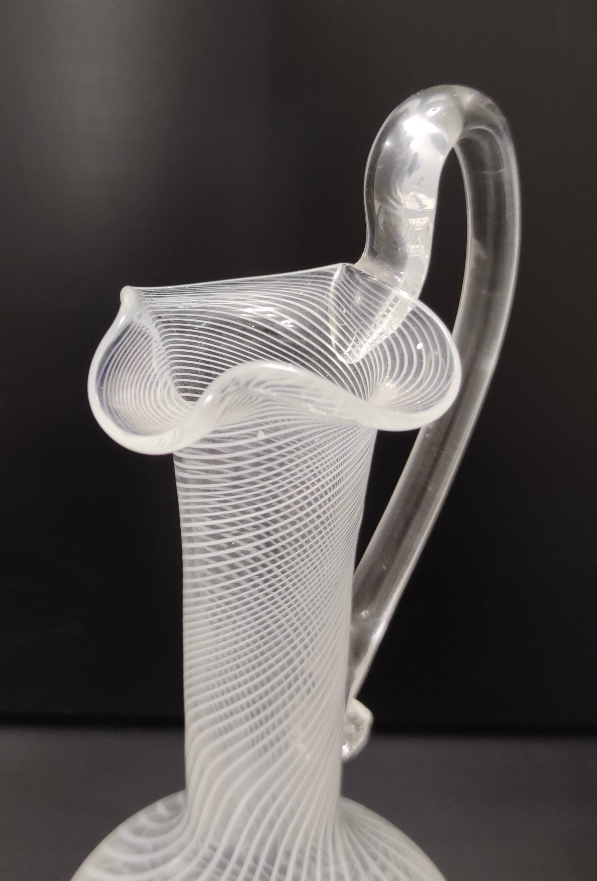 Murano Glass Pitcher Vase with White and Transparent Canes, Italy