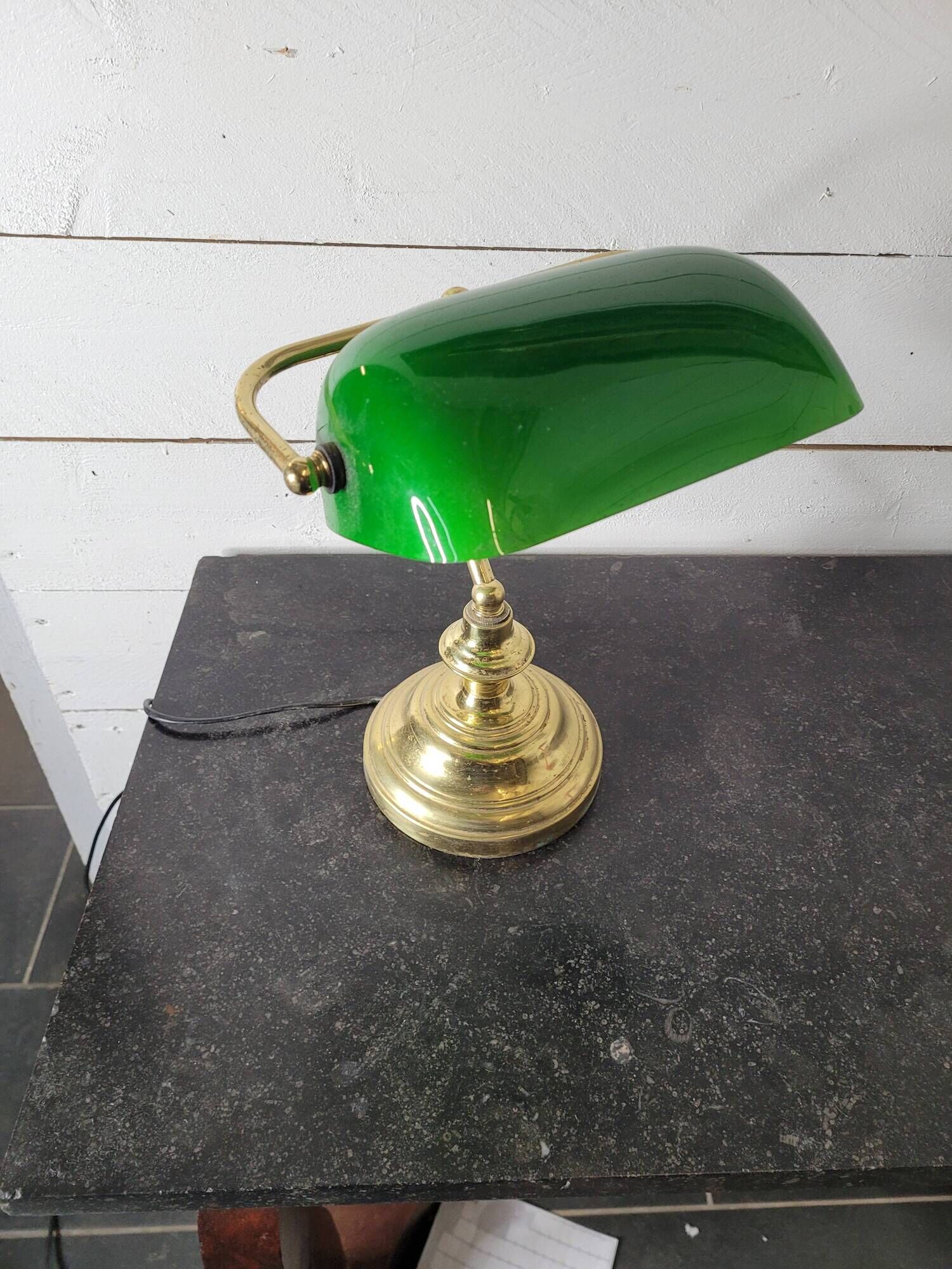 Vintage brass desk lamp with glass shade