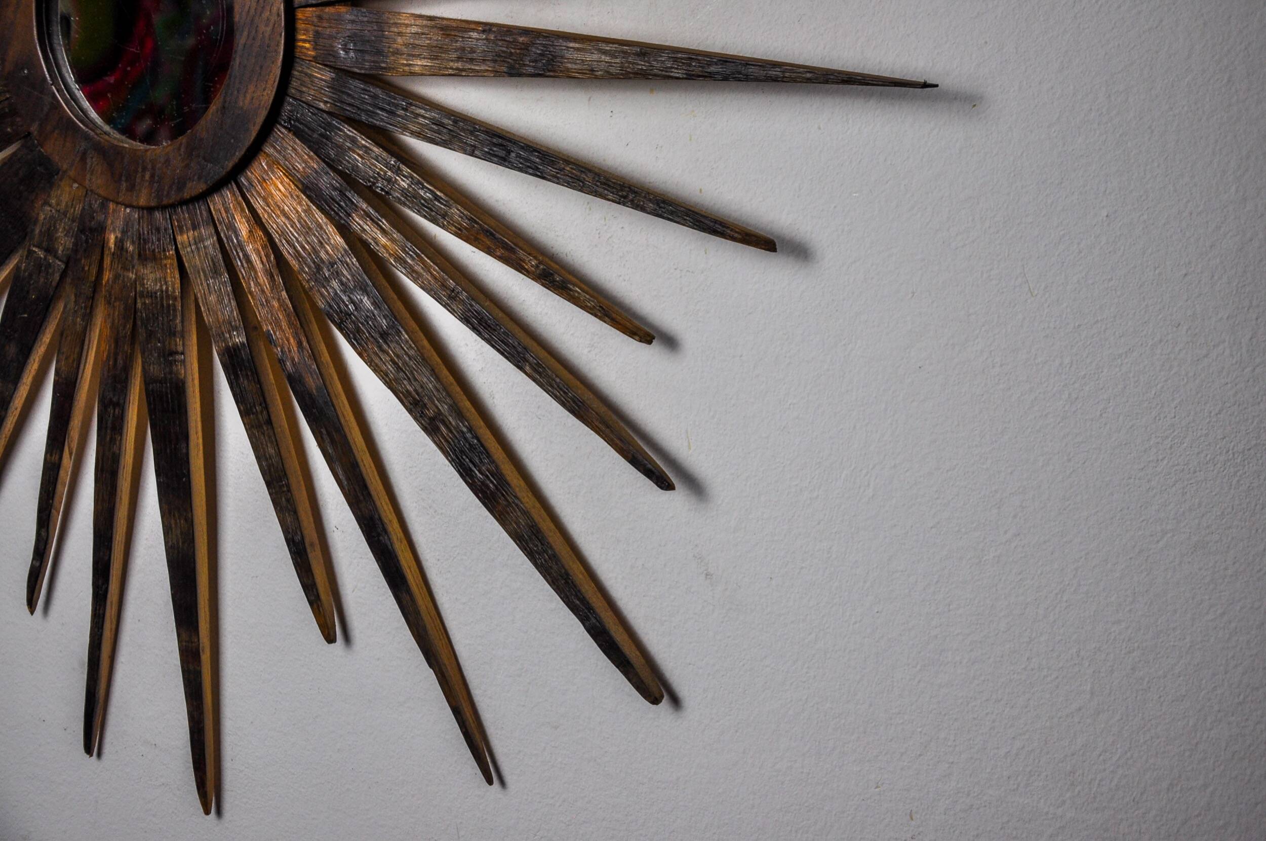 XL wooden sun mirror, France, 1960, 80 cm