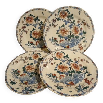 4 assiettes faïence gien xix modèle coq et pivoine export rare