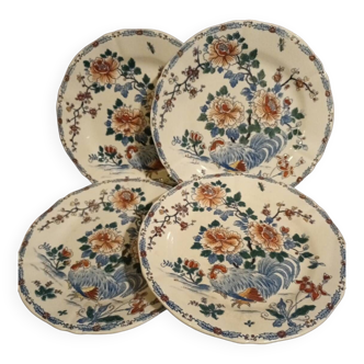 4 Gien earthenware plates xix model rooster and peony rare export