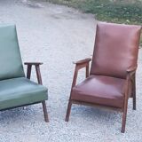 Pair of vintage Scandinavian style armchairs with moleskine compass legs from the 1950s