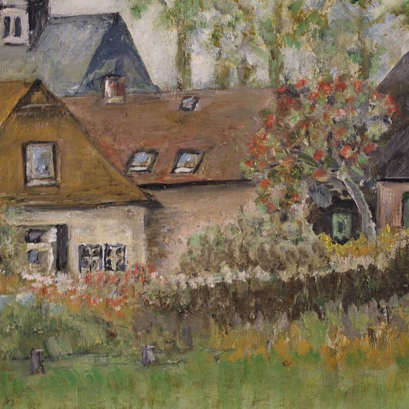 Peinture néerlandaise d'une vue de maisons dans le style impressionniste.