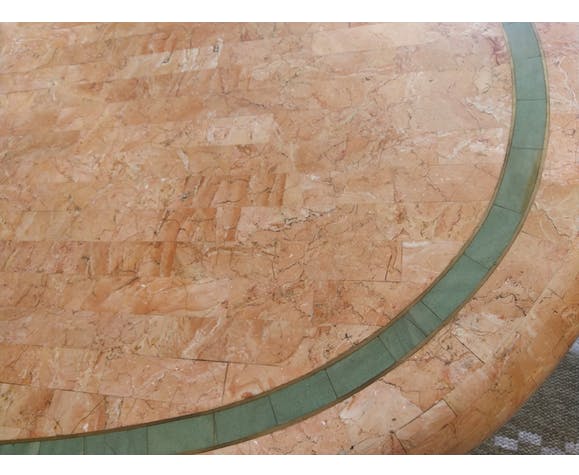 Ovoid table in pink and green travertine, circa 1975