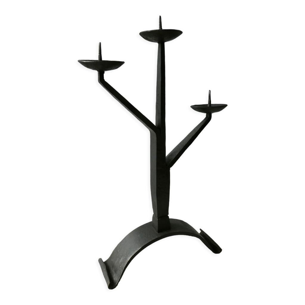 Lot De 2 Chandeliers Pique-cierge Brutalistes – Fer Forgé Noir – 34 Cm – Années 1950