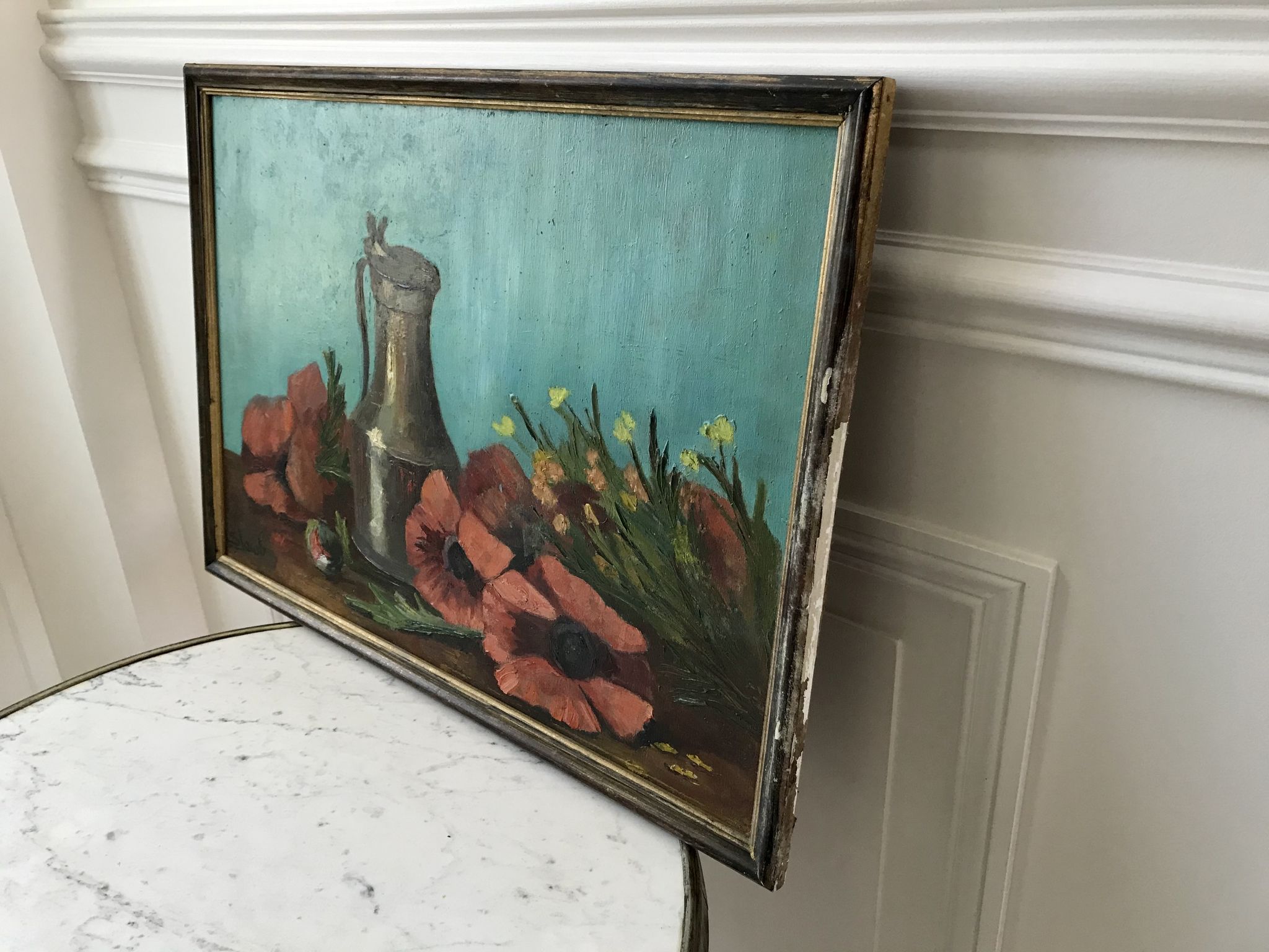Old painting signed still life pitcher and poppies on vintage azure background