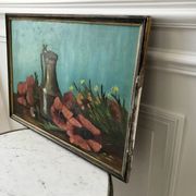 Old painting signed still life pitcher and poppies on vintage azure background