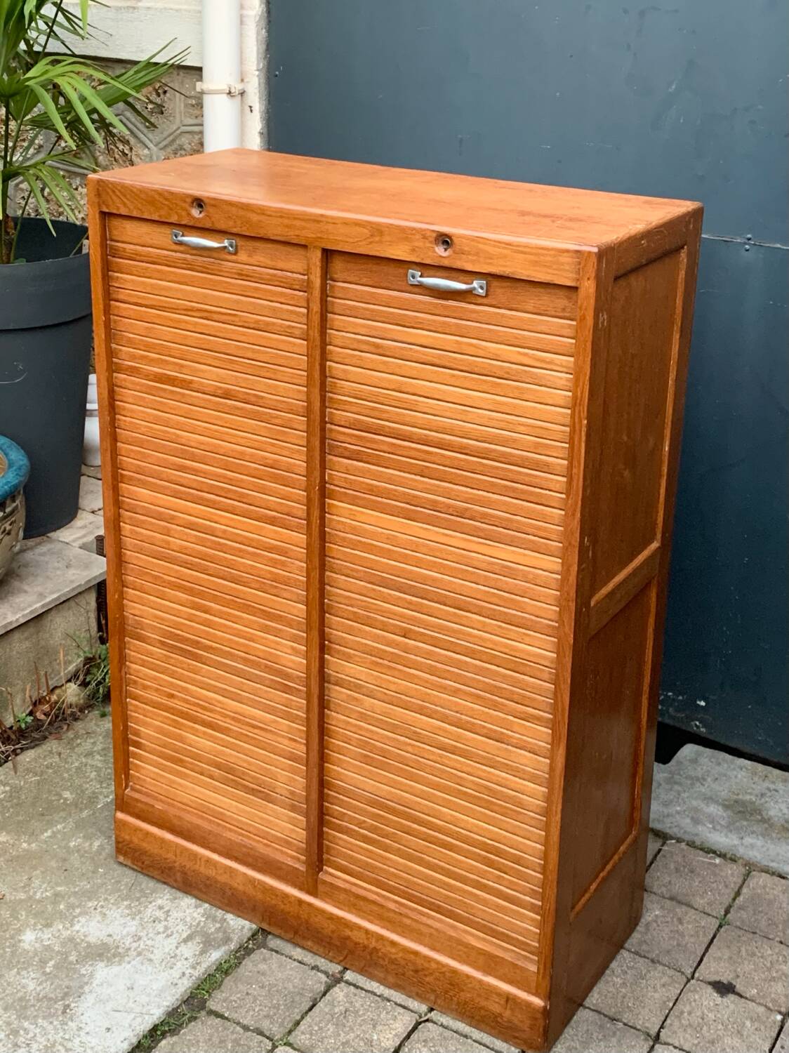 Antique oak tambour door filing cabinet, H120