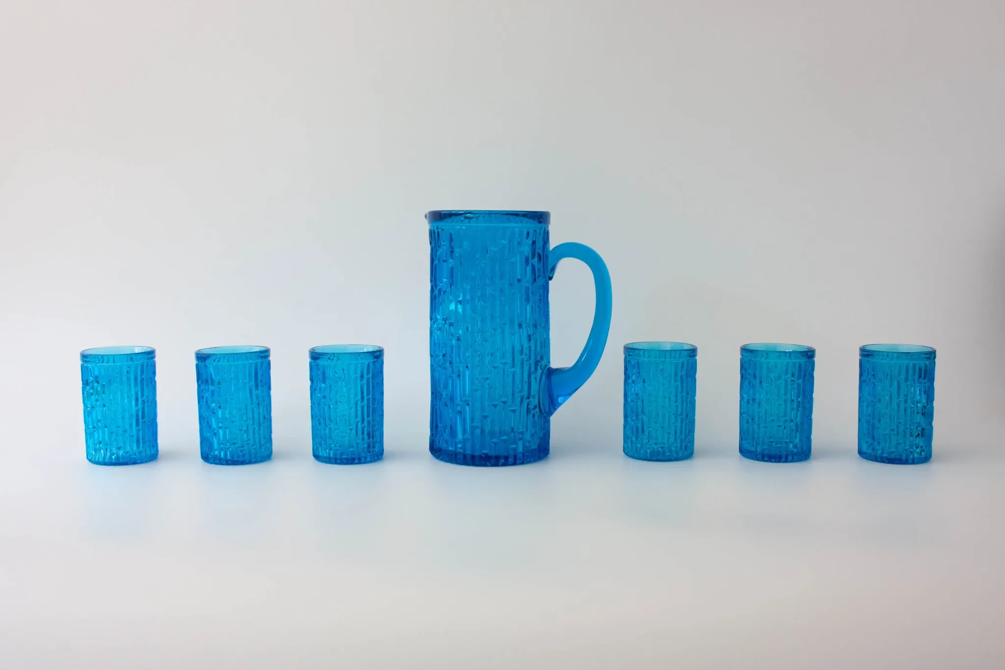 Vintage 1970s IVIMA Blue Glass Jug and Six-Glass Set