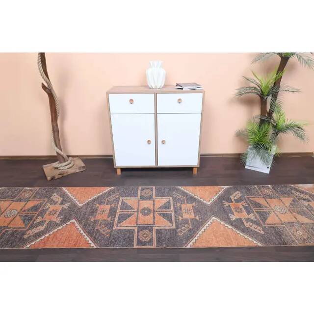 Vintage Turkish Hand-Knotted Wool Cotton Orange Runner Rug 80x394