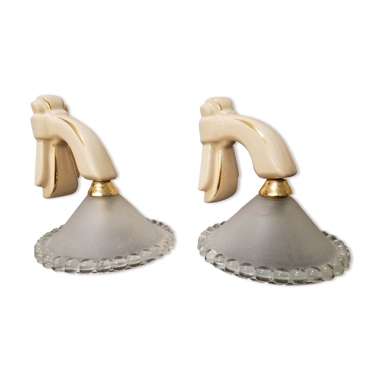 2 art deco wall lights in porcelain and frosted glass