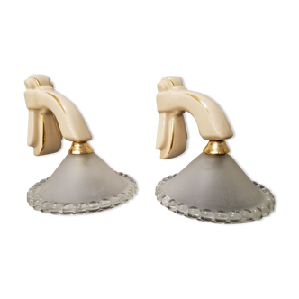 2 art deco wall lamps in porcelain and frosted glass