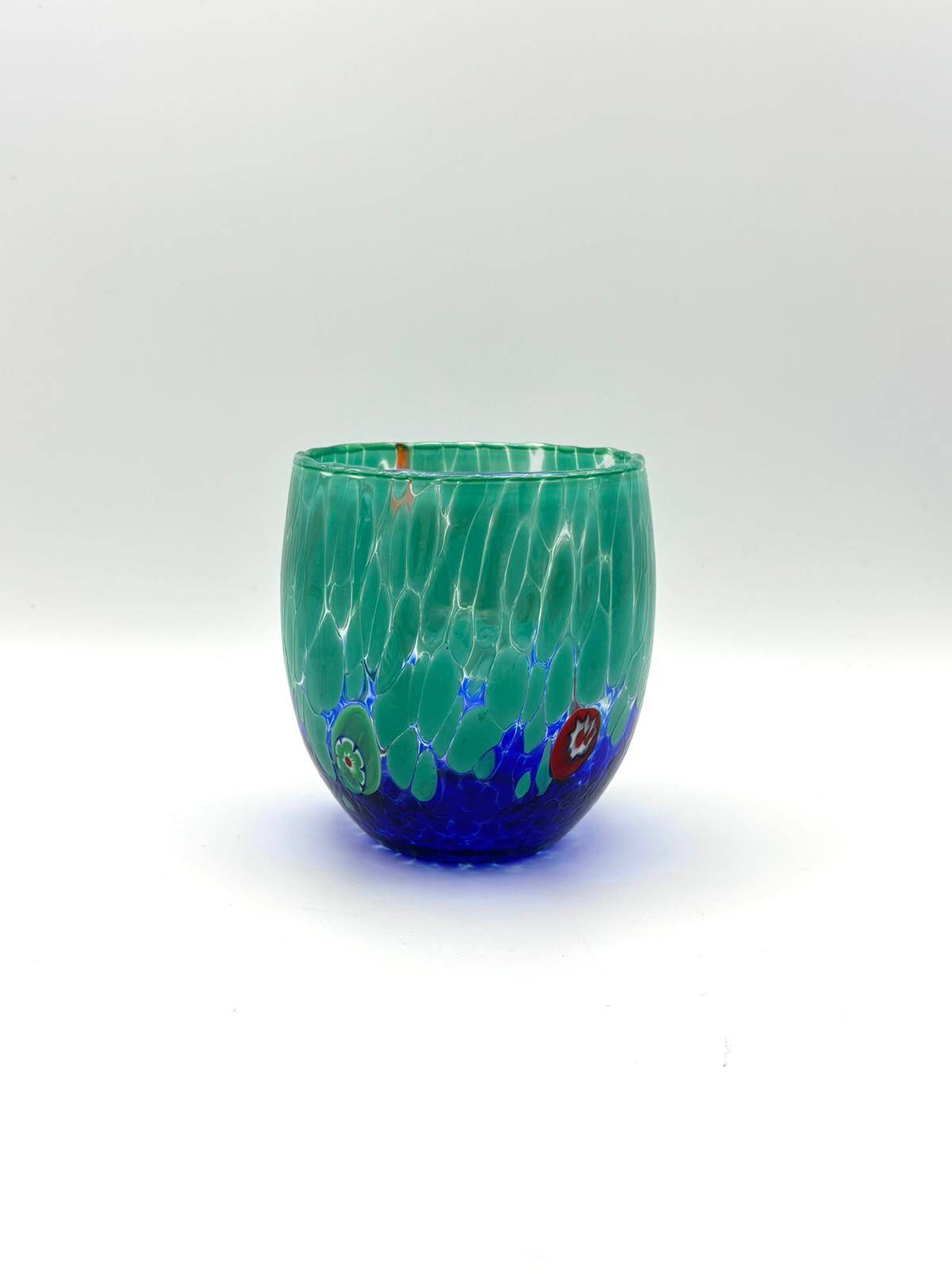 Set of 6 blown glass glasses from Venice with Effetre Murano murrine.