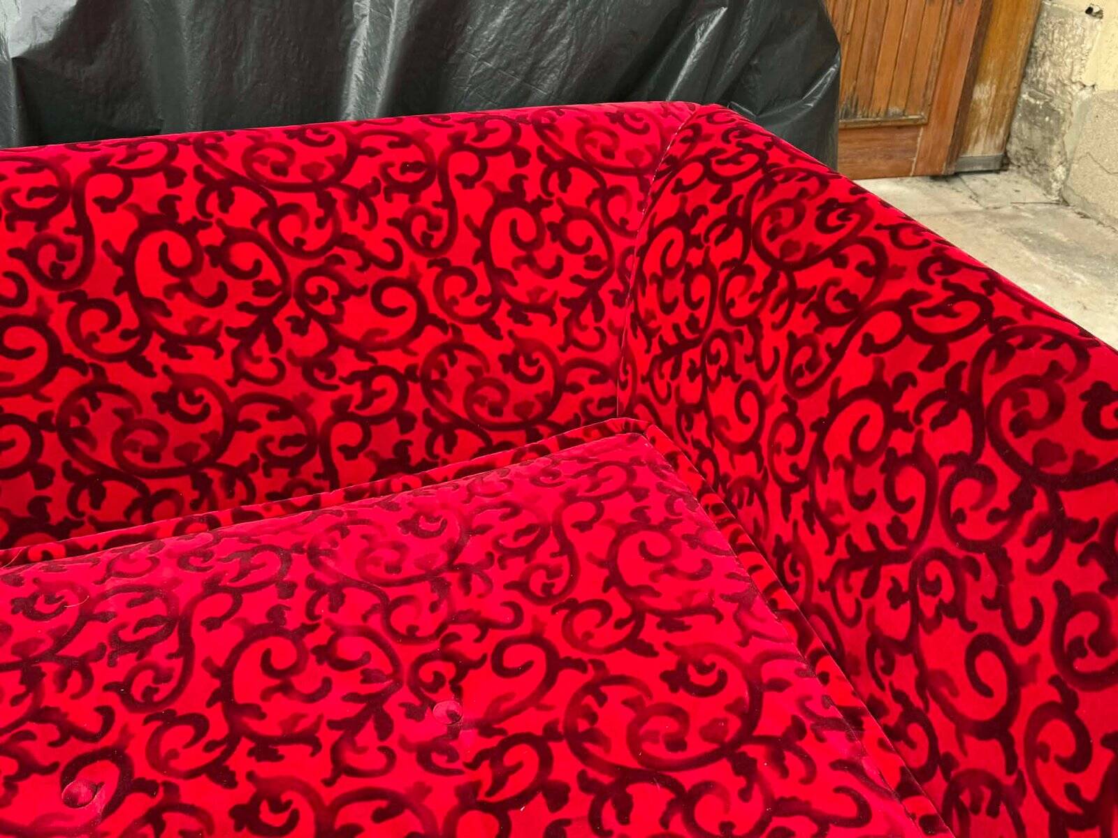 Red Fabric Monster Three-Seat Sofa with Rose Pattern from Bretz