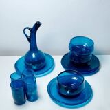 Ensemble verrerie en verre soufflé bleu cobalt – carafe + 4 verres + 3 bols + 4 soucoupes