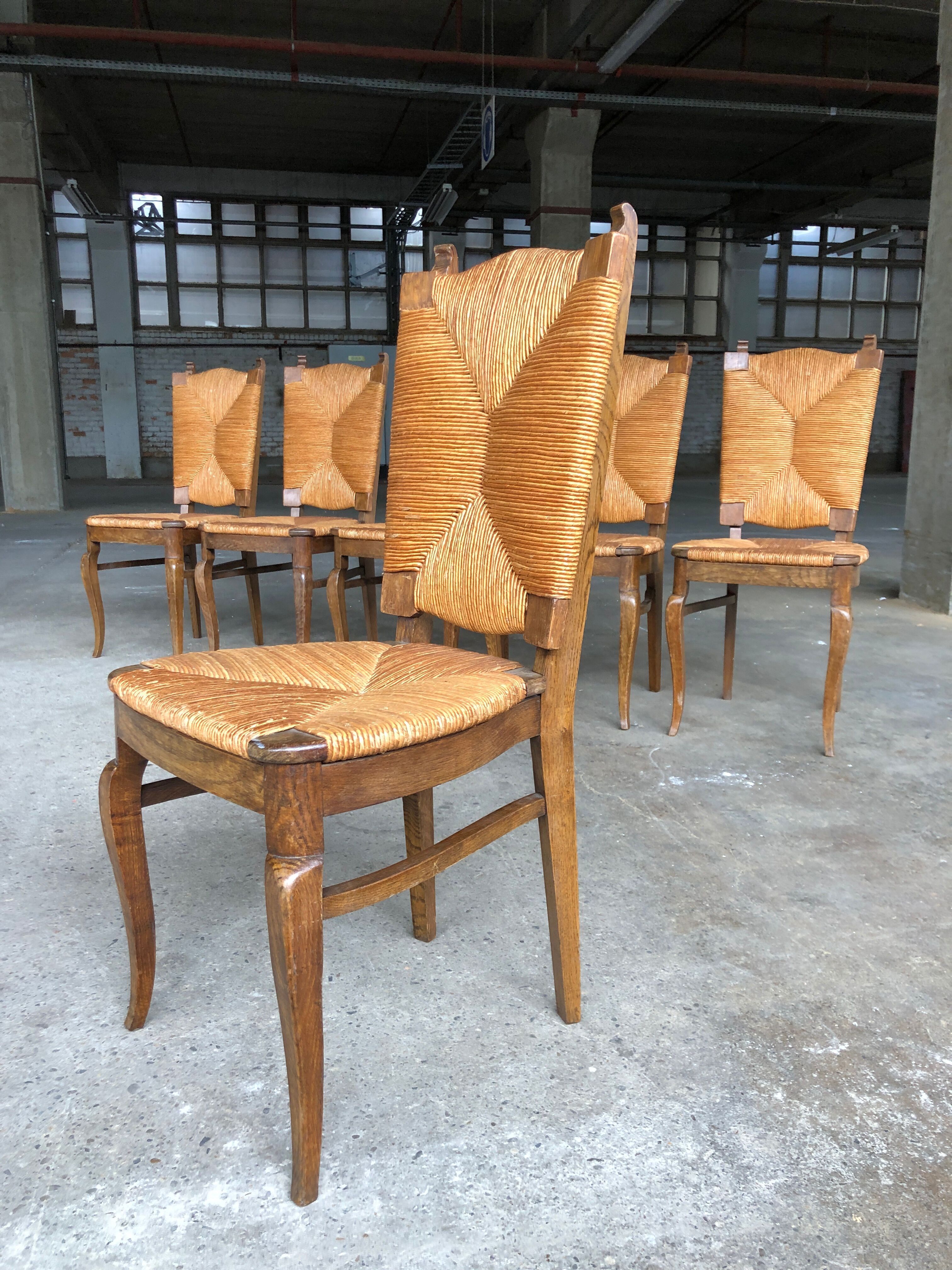 Dining chairs with rush made of oak wood, France 1950s, Set of 6