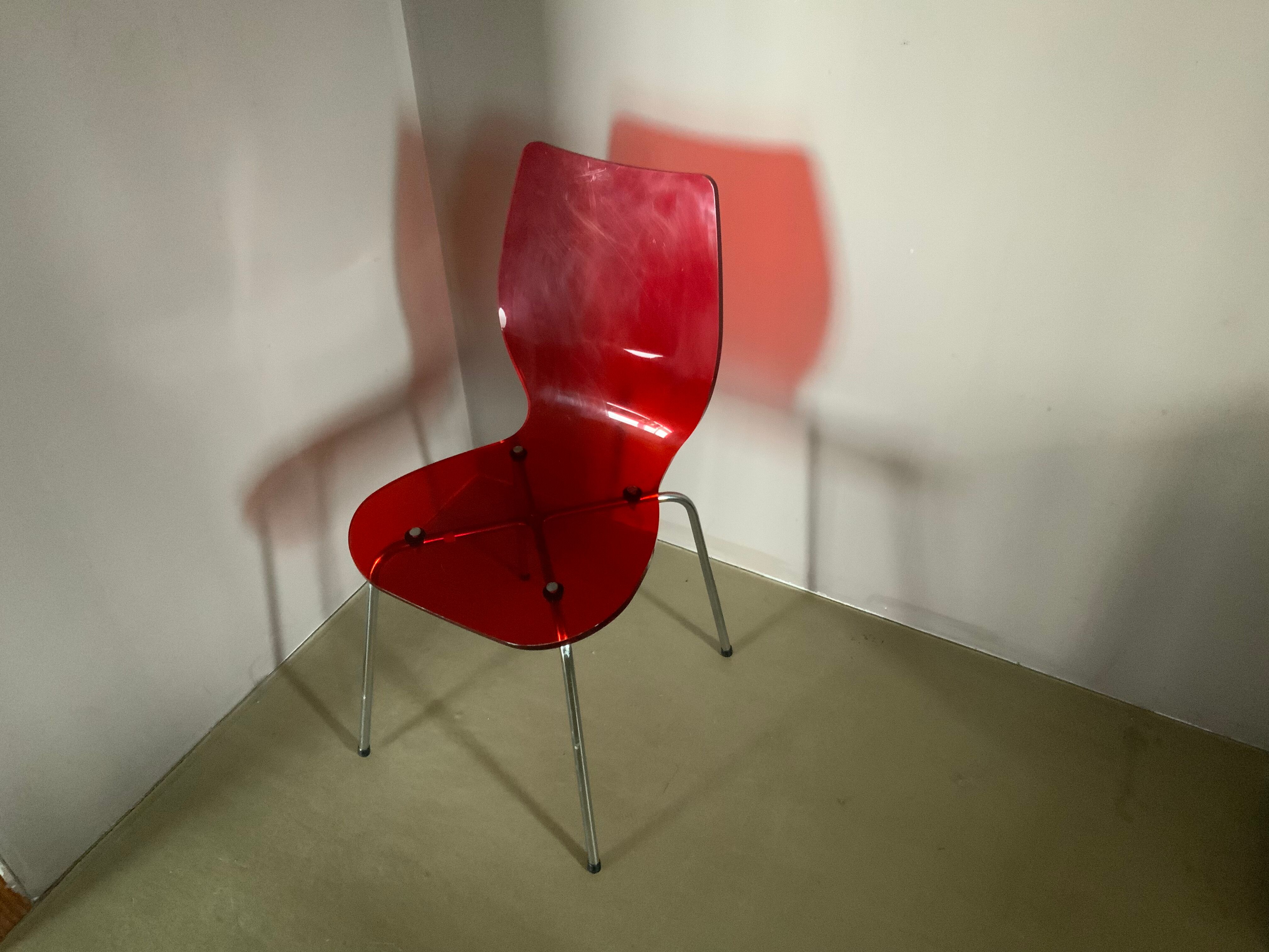 Vintage red acrylic chair, 60s 70s design, chrome metal plexiglass