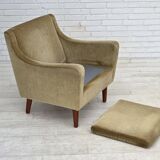 1970s, Danish armchair, original green furniture velour, teak wood legs.