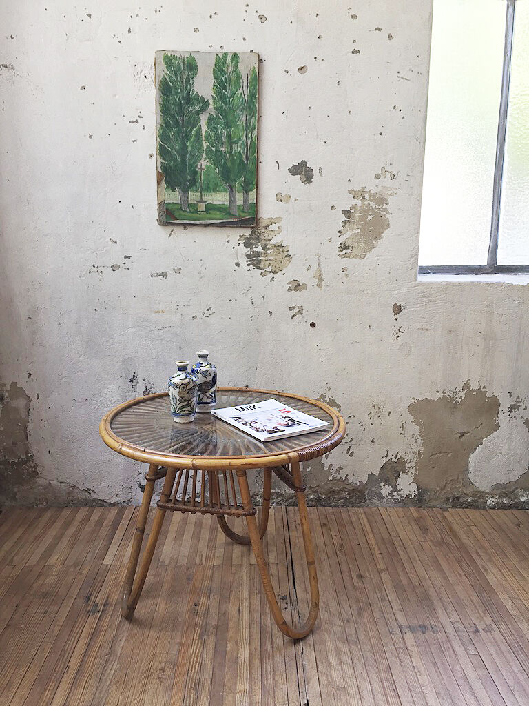 Vintage glass and rattan table