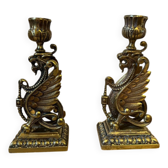 Paire de bougeoirs anciens chimères