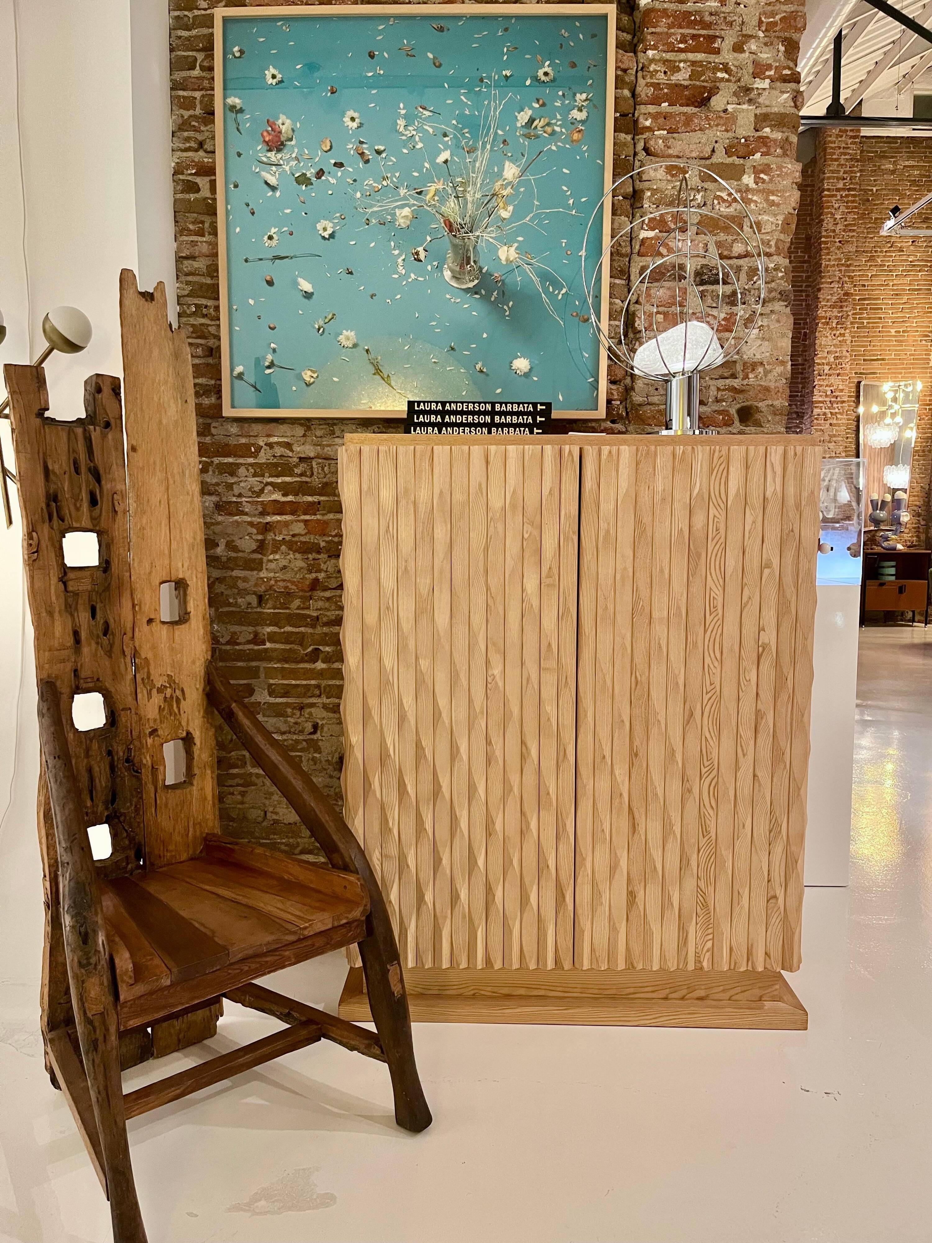 Brutalist Style Hand-carved Solid Oak Wood and Glass Mirror Italian Bar Cabinet