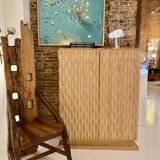 Brutalist Style Hand-carved Solid Oak Wood and Glass Mirror Italian Bar Cabinet