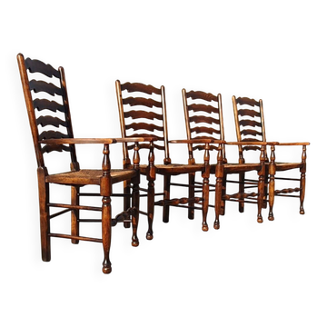 Ensemble de 4 fauteuils vintage rustiques de style fermier anglais à dossier en jonc
