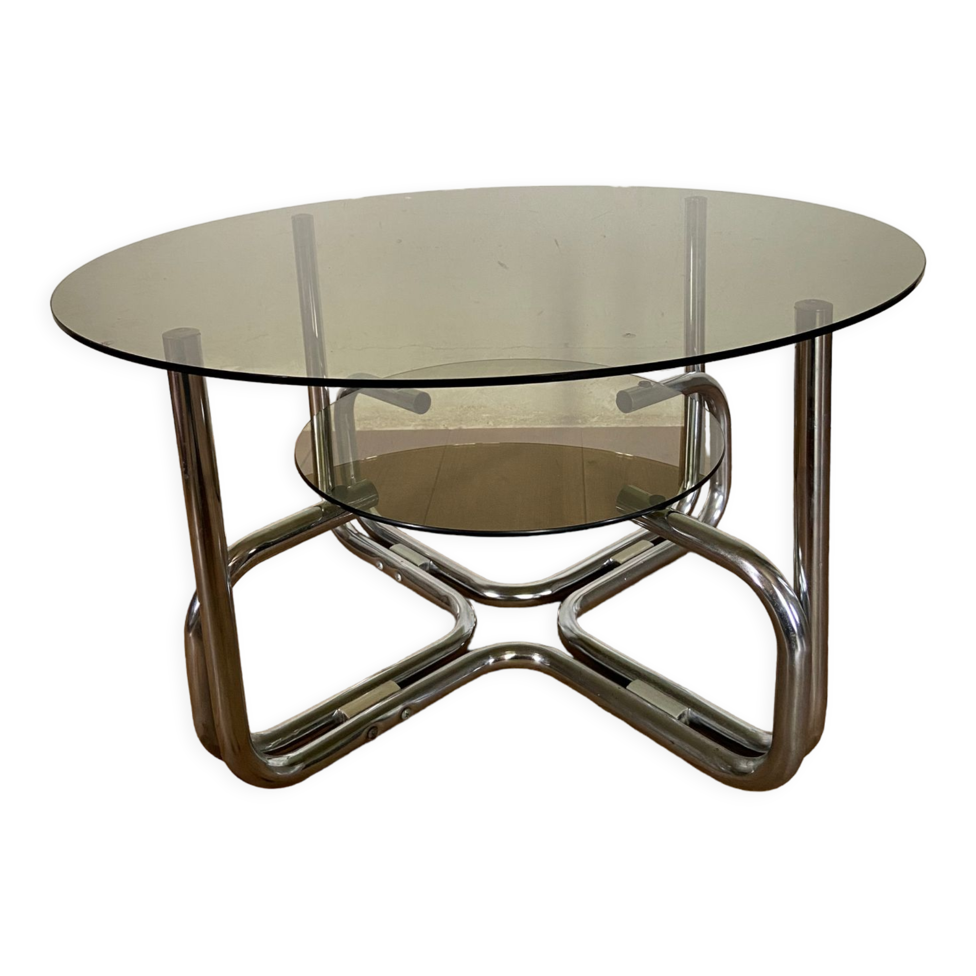 Coffee table chrome and smoked glass round 70s space age