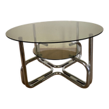 Coffee table chrome and smoked glass round 70s space age
